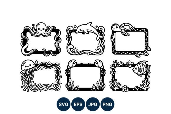 Charming Marine Frames: Black & White Vector Art