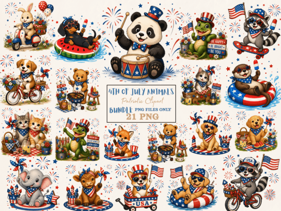 Cute 4th of July Animal PNG Bundle: Watercolor Charm for Your Projects