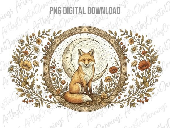 Enchanting Boho Fox Animal Moon Floral Circle PNG