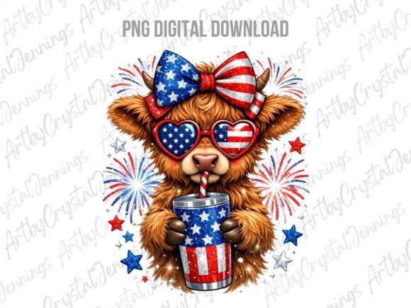 Highland Cow Patriotic PNG for 4th of July Design