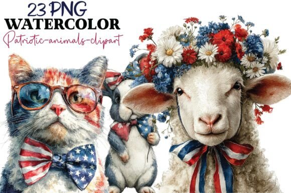 Patriotic Animal Clipart Bundle: Watercolor 4th of July Design Assets