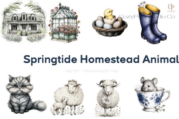 Springtide Homestead Animal Clipart PNG: Farmhouse Charm