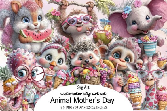 Watercolor Animal Mother's Day Clipart B: A Creative Asset for Heartfelt Projects