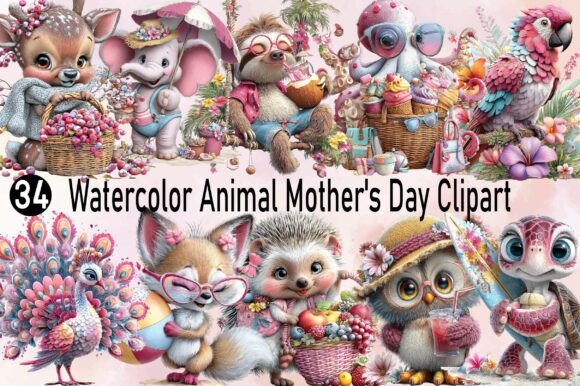 Watercolor Animal Mother's Day Clipart for Creative Projects